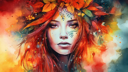Obraz na płótnie Canvas Painting shaman woman with flower wreath. generative ai.