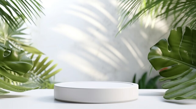Smooth round white podium in sunlight, tropical palm leaf shadow for on white table countertop, 