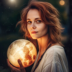 Naklejka premium Woman holding a big glowing sphere moon. generative ai.