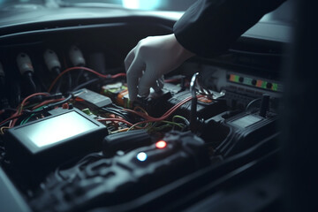 Naklejka premium Technician Hands of car mechanic working repair in auto repair Service electric battery and Maintenance of car battery. Check the electrical system inside the car, Generative AI 