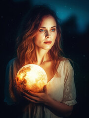 Naklejka premium Woman holding a big glowing sphere moon. generative ai.