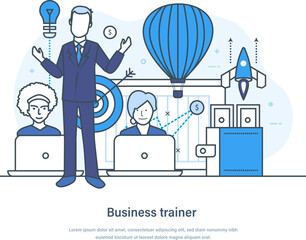 Business trainer, coach speaking before audience presenting chart or report. Training, course, seminar or conference. Business advise or consultation service thin line design of vector doodles