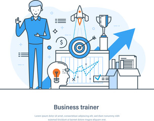 Business trainer, coach speaking before audience presenting chart or report. Training, course, seminar or conference. Business advise or consultation service thin line design of vector doodles