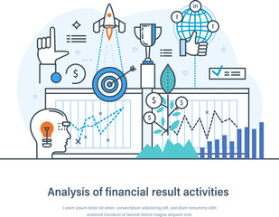 Analysis of financial results activities business strategy, management. Data analysis, statistics, banking, growth of economic, business investment in economy sector thin line design of vector doodles