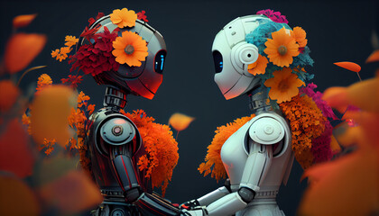dj in the nightclub. Humanoid robot couple holding hands Ai generated image - obrazy, fototapety, plakaty
