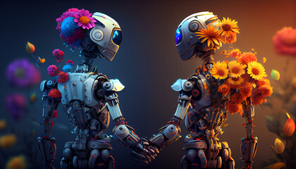 background with lights. Humanoid robot couple holding hands Ai generated image