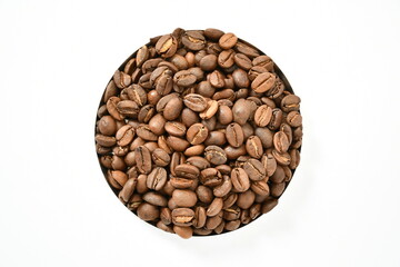 Roasted organic Cocoa Beans on white background Stock Photo, Picture. top view. 