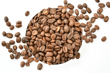 Roasted organic Cocoa Beans on white background Stock Photo, Picture. top view. 
