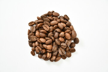Roasted organic Cocoa Beans on white background Stock Photo, Picture. top view. 