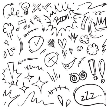 Vector Set Of Hand-drawn Cartoony Expression Sign Doodle, Curve Directional Arrows, Emoticon Effects Design Elements, Cartoon Character Emotion Symbols, Cute Decorative Brush Stroke Lines.