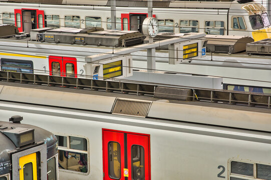 Belgian railroad trains in a train station. Close-up and detail.