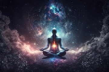 Fototapeta na wymiar The 3D illustration shows a man meditating in lotus pose with a galaxy background for spiritual well-being. (Generative AI)