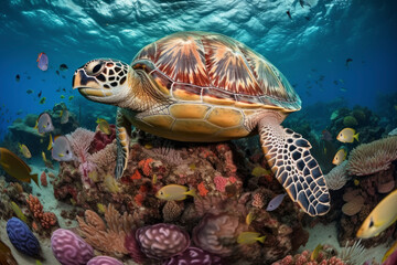 Meeresschildkröte auf farbenfrohem Korallenriff