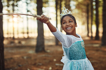 Forest, princess costume and girl with stick for playing fantasy, childhood games and happiness....