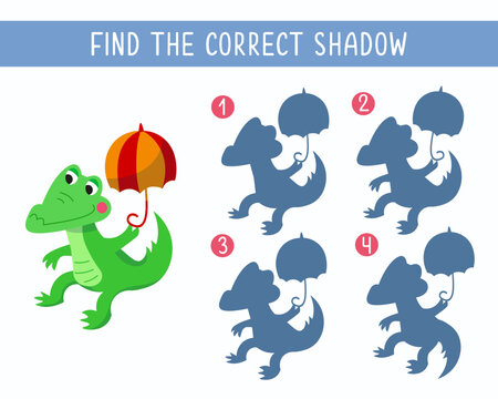 Find correct shadow. Educational puzzle game for children. Cute crocodile with umbrella. Cartoon style illustration. Isolated character for design. Vector illustration.