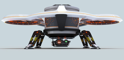 A large drone transports a sea container shipping container. The near future. 3d illustration. Isolated on white background.