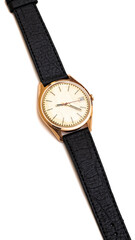 Golden wrist watch on a white background, vintage watch from the times of the ussr