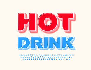 Vector advertising poster Hot Drink. Bright Blue Font. Modern 3D Alphabet Letters and Numbers