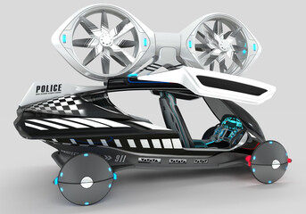 3D illustration of a conceptual flying multifunctional police quadcopter, designed for two passengers.