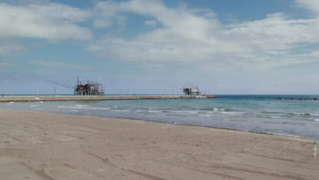 Impressive fishing platforms on stilts on the trabocchi coast Abruzzo 4k drone