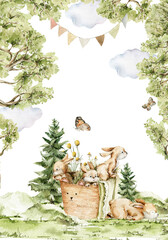 Watercolor nursery birthday frame. Hand painted card of cute baby animals, forest landscape, tree, bunny, rabbit, birds. Illustration for baby shower design, wall art, nursery decor, print, kids print © 60seconds