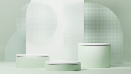 Blank bright green cement counter podium with texture, soft beautiful dappled sunlight, leaf shadow on white wall for luxury organic cosmetic, skincare, beauty treatment product background