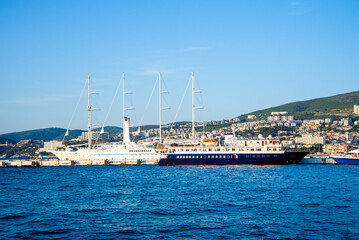 Ships in Kusadasi moored on a summer and sunny day.