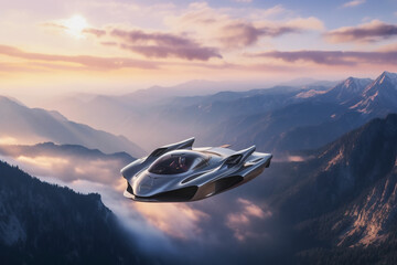 Sports flying car hovering over landscape. Vertical landing flying taxi vehicle for travel. Electric VTOL car transport. Ai generated art - obrazy, fototapety, plakaty