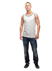 Man, confident and portrait with fashion and modern style in a studio. White background, jeans and young male model with muscles and clothing with youth and attitude feeling proud with confidence