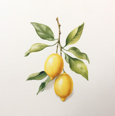 Watercolor illustrations of lemons. Hand painted ripe lemon branches with green leaves on a white background for your design. Generative AI