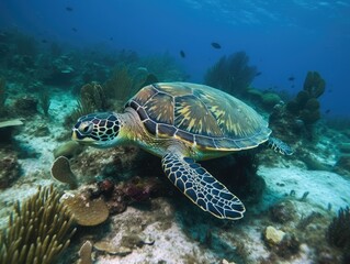 Fototapeta na wymiar Underwater Serenity: Green Sea Turtle near Coral Reef - AI Generated