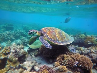 Naklejka na ściany i meble Underwater Serenity: Green Sea Turtle near Coral Reef - AI Generated