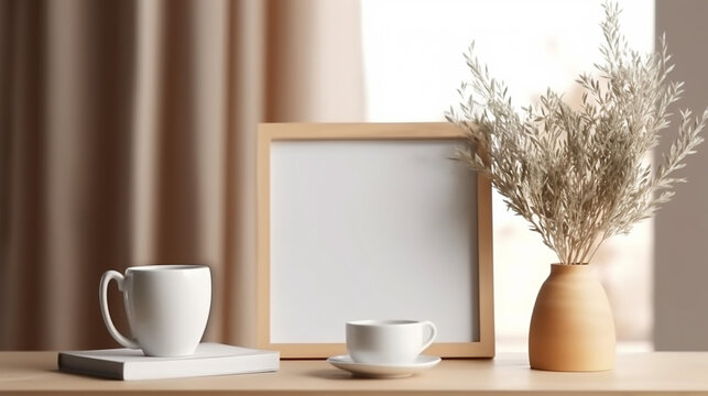 Breakfast still life. Cup of coffee, books and empty picture frame mockup on wooden desk, table. Vase with olive branches. Elegant working space, home office concept. 