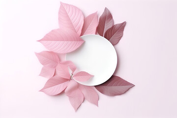 a white frame surrounded by pink leaves on a pink background, a 3D render, copy space
