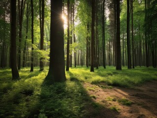 Serene Sunlit Forest: Filtered Sunlight in Tall Green Trees - AI Generated