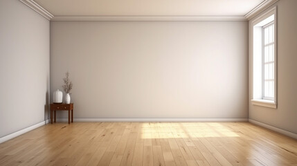 Empty wall mockup. Empty room with a white wall and wood floor. 3D illustration.. Generative AI