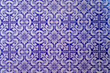 Wallpaper murals Portugal ceramic tiles Portuguese Traditional tiles background texture. Retro old vintage floor or wall blue tiles. House Marocain style interior hydraulic ceramic mosaic tiles.
