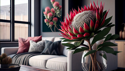 Gorgeous red king protea flowers bouquet in a modern room