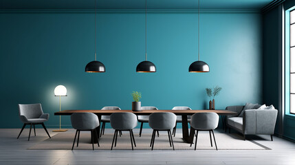 Modern interior design of apartment, empty living room with blank blue wall, dining room with table and chairs, interior background, 3d rendering. Generative AI