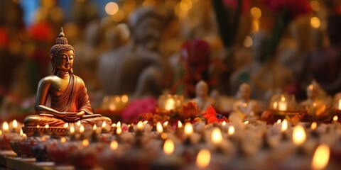 Buddha statues and candles on Vesak Day, bokeh blur background. Generative AI.