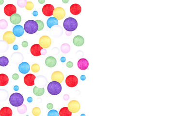 Levitation of multicolored polyfoam balls isolated on transparent background, copy space.