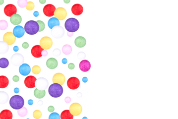 Levitation of multicolored polyfoam balls isolated on transparent background, copy space.