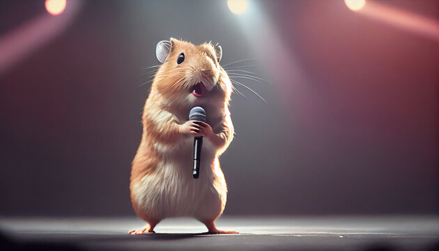 Portrait of handsome hamster dancing and singing on stage Ai generated image