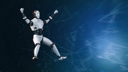 Naklejka premium Futuristic world robots are running. Presentation of technology with robots. 3d rendering action of robot.