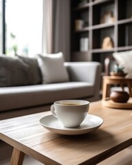 Fototapeta na wymiar A white coffee cup is placed on a wooden table with a living room background offering copy space for home concepts. (Generative AI)