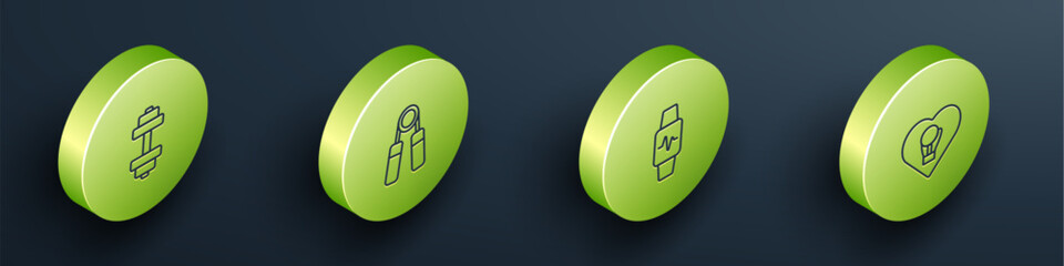 Set Isometric line Dumbbell, Sport expander, Smart watch with heart and Boxing glove icon. Vector