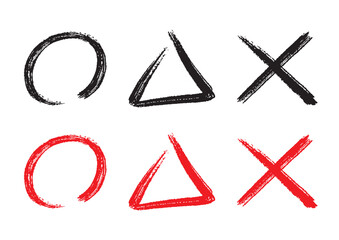 Brush writing circles, triangles and cross marks (black and red)／筆書きの丸と三角とバツマーク（黒・赤） - obrazy, fototapety, plakaty