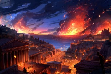 a fiery meteorite hit a ancient greek city causing an apocalyptic explosion. catastrophe. Generative AI	
 - obrazy, fototapety, plakaty