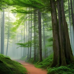 18 Enchanted Forest: A magical and mystical background featuring an enchanted forest with towering trees and a misty atmosphere, perfect for a website with a fantasy or nature theme2, Generative AI