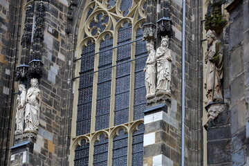 Close-up on details (statues) of the Dom Cathedral of Aachen, North Rhine Westfalia, Germany